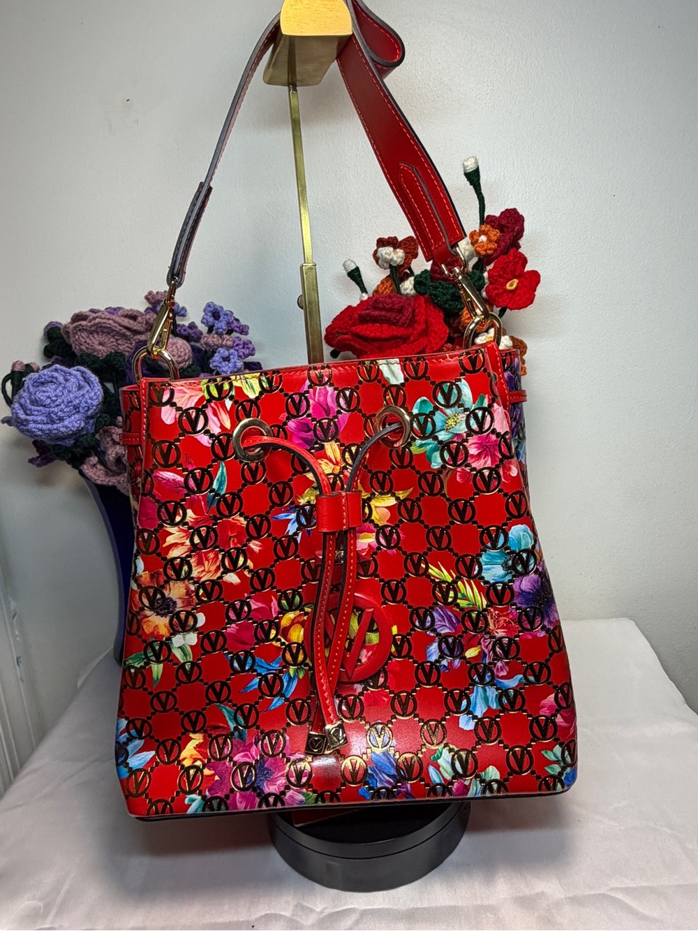 Valentino by Mario Valentino “Karl Flowery” Monogram Leather Bucket Bag like new